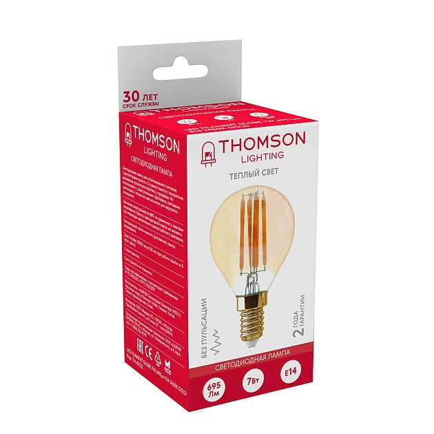 Лампа светодиодная филаментная Thomson E14 7W 2400K шар прозрачная TH-B2122 фото 3