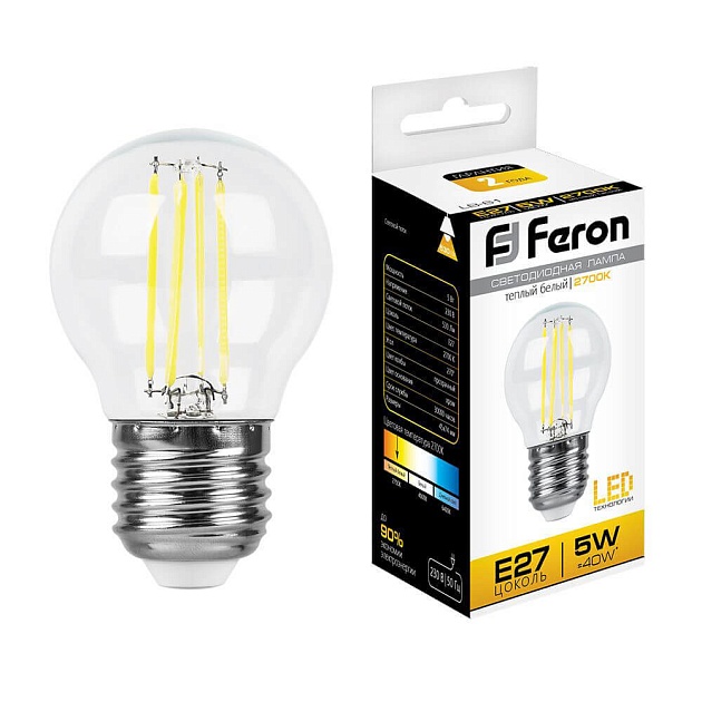 Лампа светодиодная филаментная Feron E27 5W 2700K Шар Прозрачная LB-61 25581 фото 