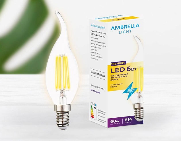 Лампа светодиодная филаментная Ambrella light E14 6W 3000K прозрачная 202214 Фото № 1