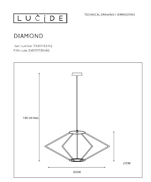 Подвесной светильник Lucide Diamond 73407/63/02 изображение 2 Подвесной светильник Lucide Diamond 73407/63/02 Фото № 2