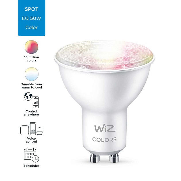 Лампа светодиодная диммируемая WiZ GU10 4,7W RGB+CCT прозрачная Wi-Fi BLE 50W GU10 922-65RGB1PF/6 929002448402 фото 2