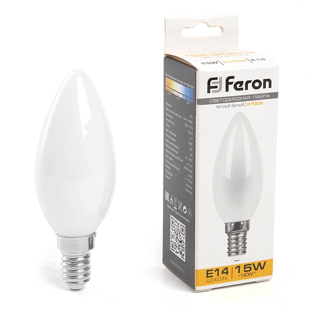 Лампа светодиодная Feron E14 15W 2700K Свеча Матовая 38255 фото 