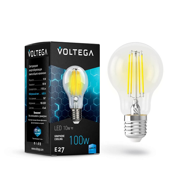 Лампа светодиодная филаментная Voltega E27 10W 4000К прозрачная VG10-А1E27cold10W-F 7101 фото 