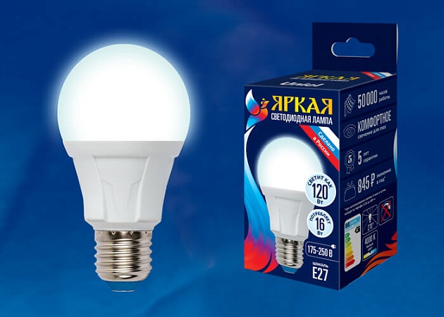 Лампа светодиодная Uniel E27 16W 4000K матовая LED-A60 16W/4000K/E27/FR PLP01WH UL-00005034 фото 2
