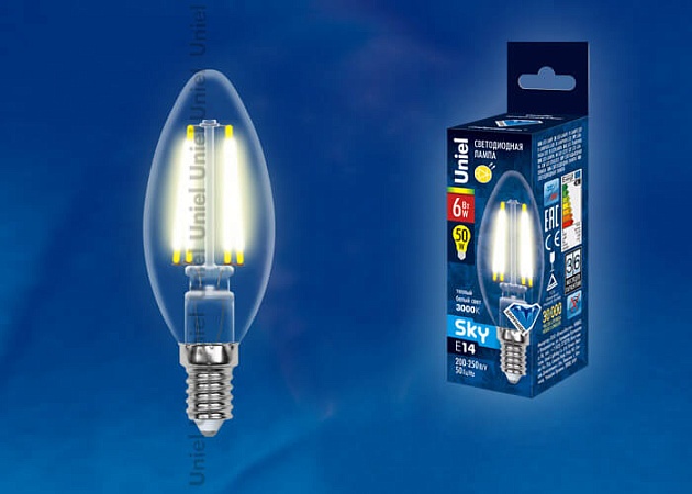 Лампа светодиодная филаментная Uniel E14 6W 3000K прозрачная LED-C35-6W/WW/E14/CL PLS02WH UL-00000199 фото 2