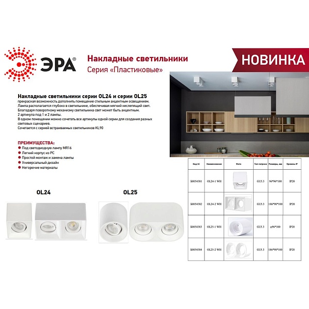 Накладной светильник ЭРА OL24-1 WH Б0054381 изображение 2 Накладной светильник ЭРА OL24-1 WH Б0054381 Фото № 2