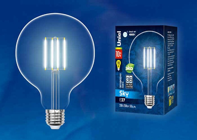 Лампа светодиодная филаментная Uniel E27 10W 4000K прозрачная LED-G125-10W/NW/E27/CL PLS02WH UL-00004859 фото 2