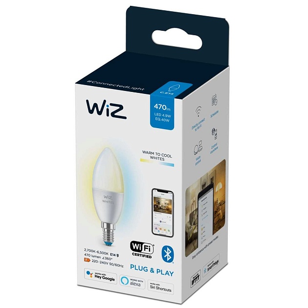 Лампа светодиодная диммируемая WiZ E14 4,9W 2700-6500K матовая Wi-Fi BLE 40WC37E14927-65TW1PF/6 929002448702 фото 4