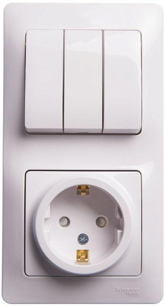 Блок розетка 2К+З -выключатель трехклавишный Schneider Electric Glossa со шторками белый GSL000178 фото 
