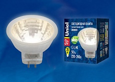 Лампа светодиодная Uniel GU4 3W 3000K прозрачная LED-MR11-3W/WW/GU4/220V GLZ21TR UL-00001702 1