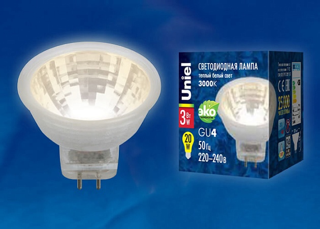 Лампа светодиодная Uniel GU4 3W 3000K прозрачная LED-MR11-3W/WW/GU4/220V GLZ21TR UL-00001702 фото 2