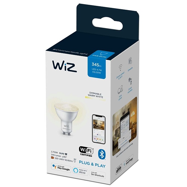 Лампа светодиодная диммируемая WiZ GU10 4,7W 2700K прозрачная Wi-Fi BLE 50W GU10 927 DIM 1PF/6 929002448102 фото 3