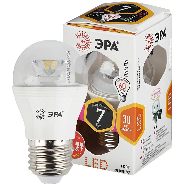 Лампа светодиодная ЭРА E27 7W 2700K прозрачная LED P45-7W-827-E27-Clear Б0017243 фото 4