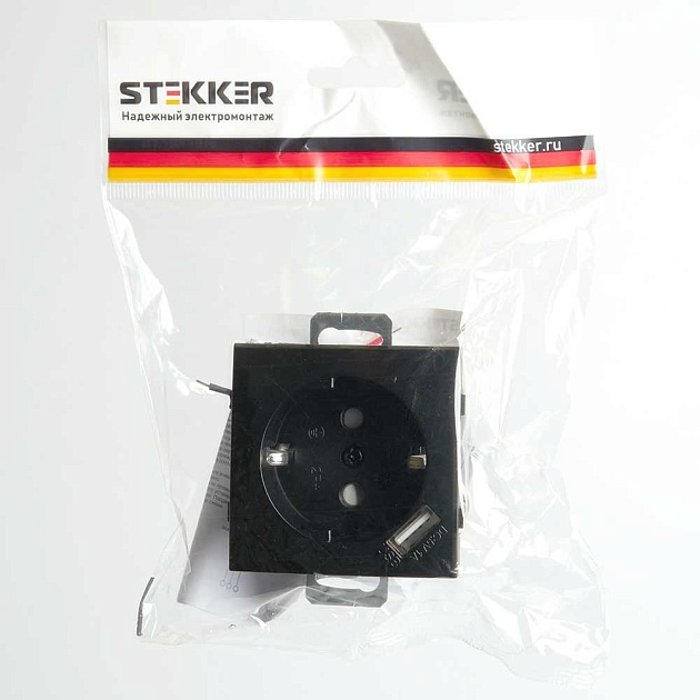 Розетка 2P+PE Stekker Эрна с USB черный PST16-9111-03 49155 фото 2