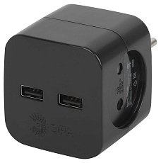 Разветвитель электрический ЭРА SP-2-USB-B на 2 розетки + 2xUSB 2400mA без заземления 10А черный Б0049535
