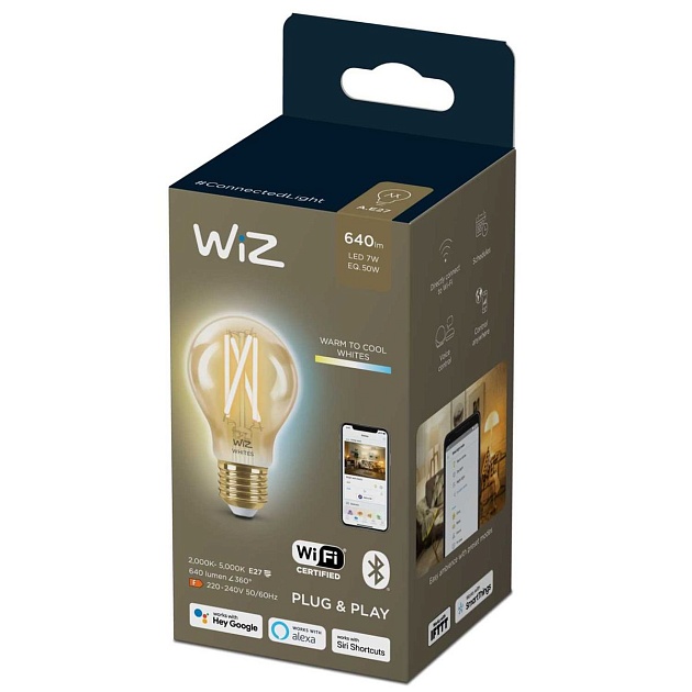 Лампа светодиодная филаментная диммируемая WiZ E27 7W 2700-6500K золотая Wi-Fi BLE50WA60E27920-50Amb1PF/6 929003017401 фото 3