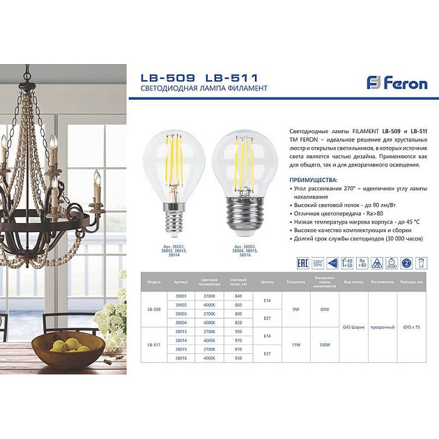 Лампа светодиодная филаментная Feron E14 9W 4000K Шар Прозрачная LB-509 38002 фото 2