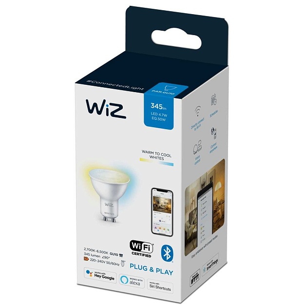 Лампа светодиодная диммируемая WiZ GU10 4,7W 2700-6500K прозрачная Wi-Fi BLE 50W GU10 927-65 TW 1PF/6 929002448302 фото 3