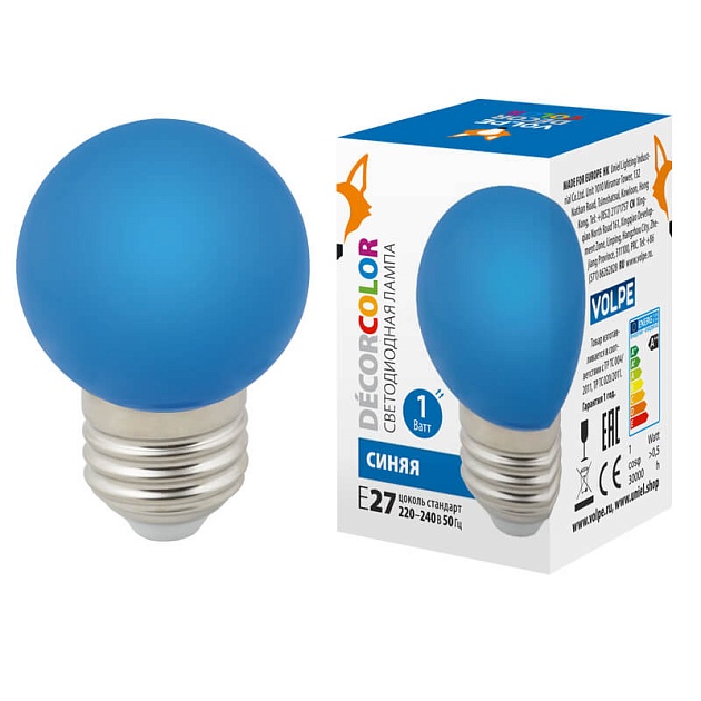 Лампа светодиодная Volpe E27 1W синяя LED-G45-1W/BLUE/E27/FR/С UL-00005647 фото 