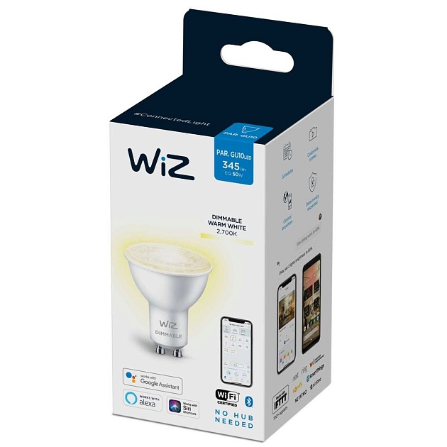 Лампа светодиодная диммируемая WiZ GU10 4,7W 2700K прозрачная Wi-Fi BLE 50W GU10 927 DIM 1PF/6 929002448102 фото 4