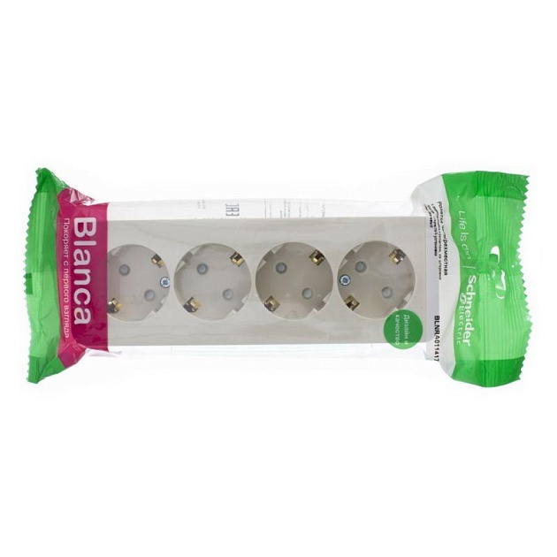 Розетка четырехместная 2К+З Systeme Electric Blanca 16A 250V со шторками бежевая BLNRA011417 Фото № 1