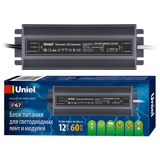 Блок питания Uniel 12V 60W IP67 5A UET-VAF-060A67 12V IP67 UL-00007575 Фото № 1