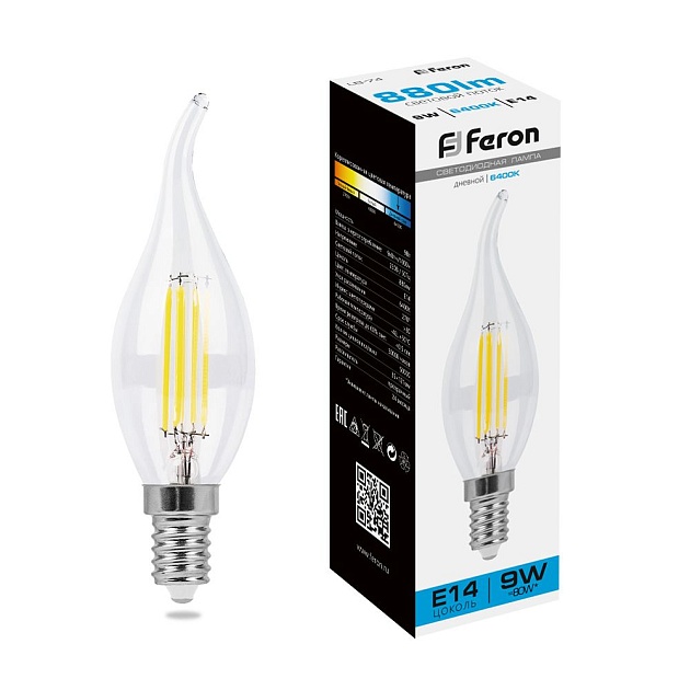 Лампа светодиодная филаментная Feron E14 9W 6400K прозрачная LB-74 38235 фото 