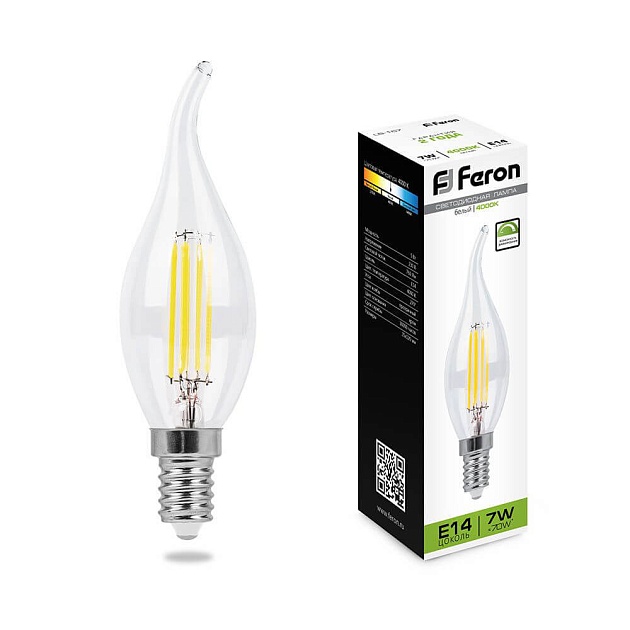 Лампа светодиодная филаментнаядиммируемая Feron E14 7W 4000K Свеча на ветру Прозрачная LB-167 25873 фото 