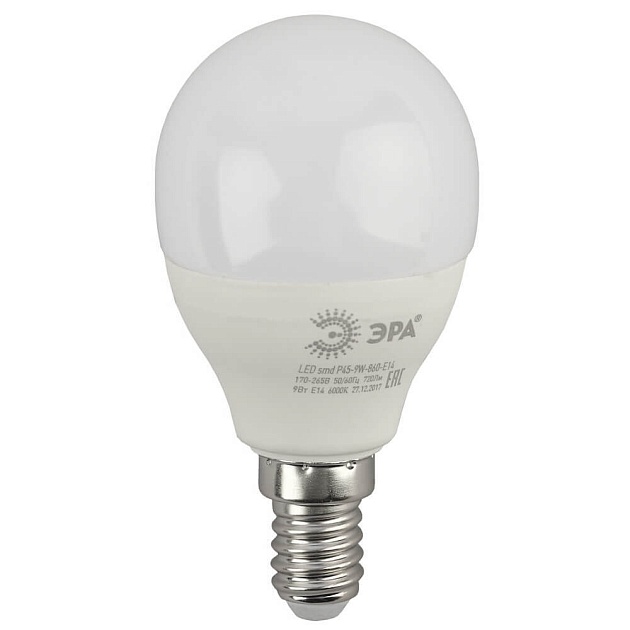 Лампа светодиодная ЭРА E14 9W 6000K матовая LED P45-9W-860-E14 Б0031411 фото 