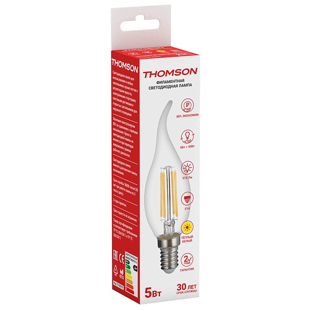 Лампа светодиодная филаментная Thomson E14 5W 2700K свеча на ветру прозрачная TH-B2073 фото 2