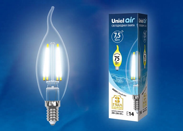 Лампа светодиодная филаментная Uniel E14 7,5W 4000K прозрачная LED-CW35-7,5W/NW/E14/CL GLA01TR UL-00003296 фото 2