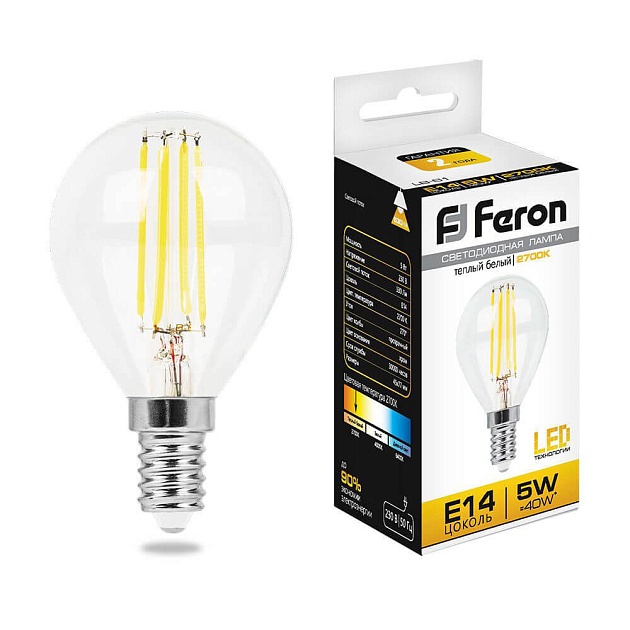 Лампа светодиодная филаментная Feron E14 5W 2700K Шар Прозрачная LB-61 25578 фото 