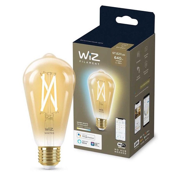 Лампа светодиодная филаментная диммируемая WiZ E27 7W 2700-6500K золото Wi-Fi BLE50WST64E27920-50Amb1PF/6 929003018701 фото 