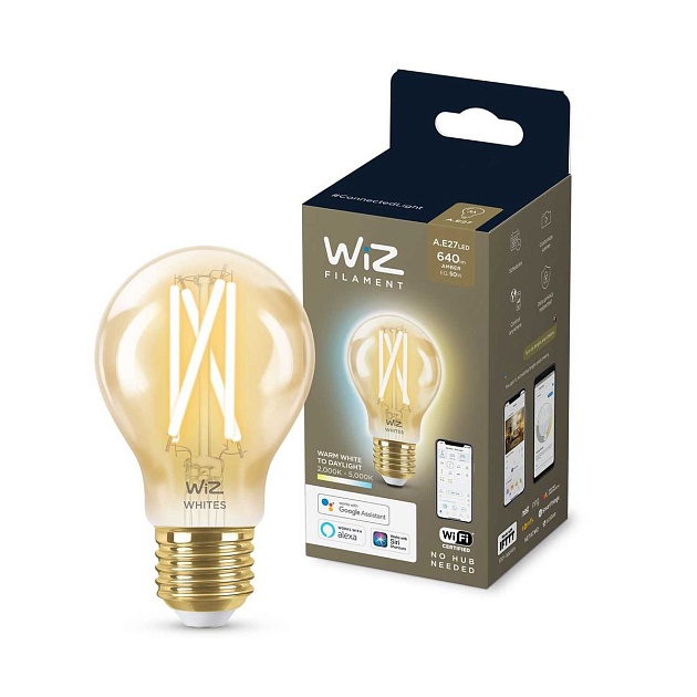 Лампа светодиодная филаментная диммируемая WiZ E27 7W 2700-6500K золотая Wi-Fi BLE50WA60E27920-50Amb1PF/6 929003017401 фото 