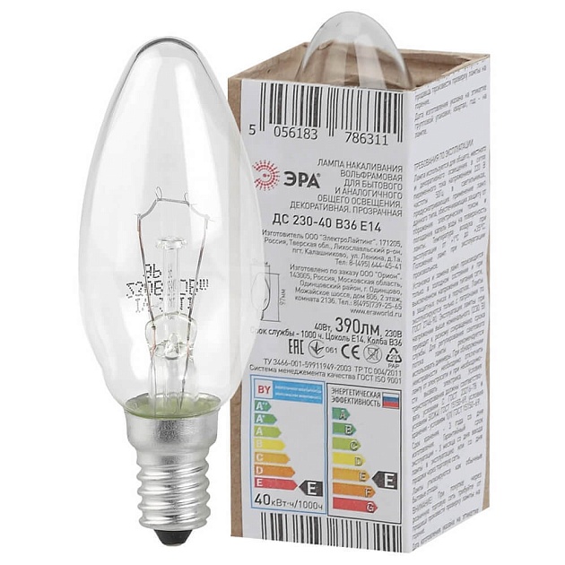 Лампа накаливания ЭРА E14 40W 2700K прозрачная ДС 40-230-Е14 (гофра) Б0039125 фото 2