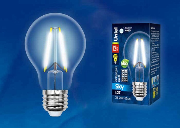 Лампа светодиодная филаментная Uniel E27 12W 4000K прозрачная LED-A60-12W/4000K/E27/CL PLS02WH UL-00004867 фото 2