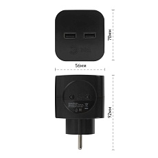 Разветвитель электрический ЭРА SP-2-USB-B на 2 розетки + 2xUSB 2400mA без заземления 10А черный Б0049535 1