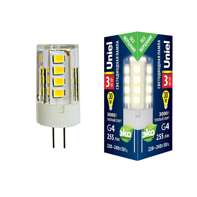 Лампа светодиодная Uniel G4 3W 3000K прозрачная LED-JC-220/3W/3000K/G4/CL GLZ09TR UL-00006742 фото 
