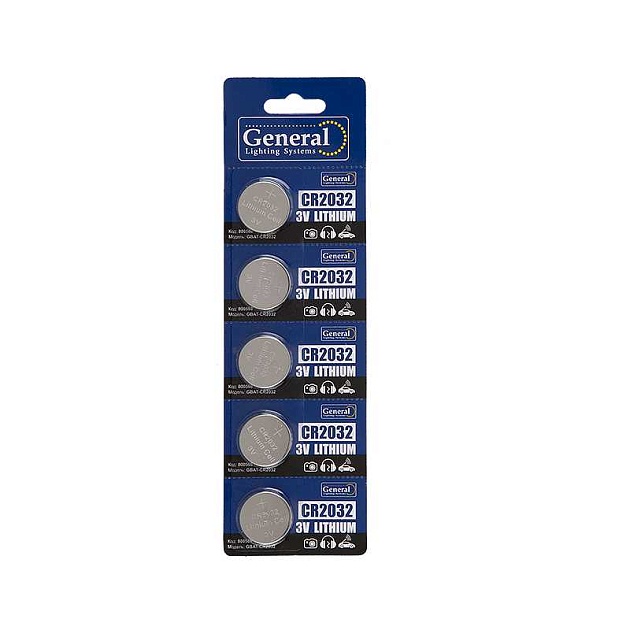 Батарейка General GBAT-CR2032 кнопочная литиевая 5шт в блист (5/100/2000) Фото № 1