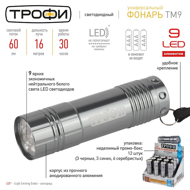 Карманный светодиодный фонарь ЭРА Трофи от батареек 85х23 60 лм TM9-box12 Б0004986 фото 3