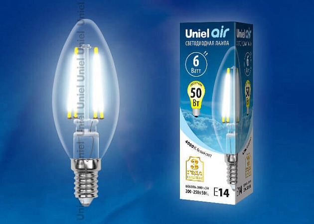 Лампа светодиодная филаментная Uniel E14 6W 4000K прозрачная LED-C35-6W/NW/E14/CL GLA01TR UL-00002198 фото 2