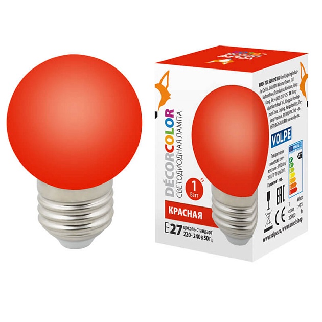 Лампа светодиодная Volpe E27 1W красная LED-G45-1W/RED/E27/FR/С UL-00005646 фото 