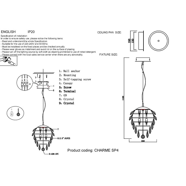 Подвесной светильник Crystal Lux Charme SP4 Chrome/Transparent Фото № 2