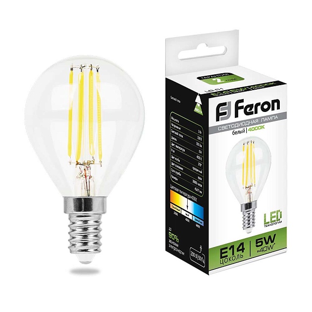 Лампа светодиодная филаментная Feron E14 5W 4000K прозрачная LB-61 25579 фото 