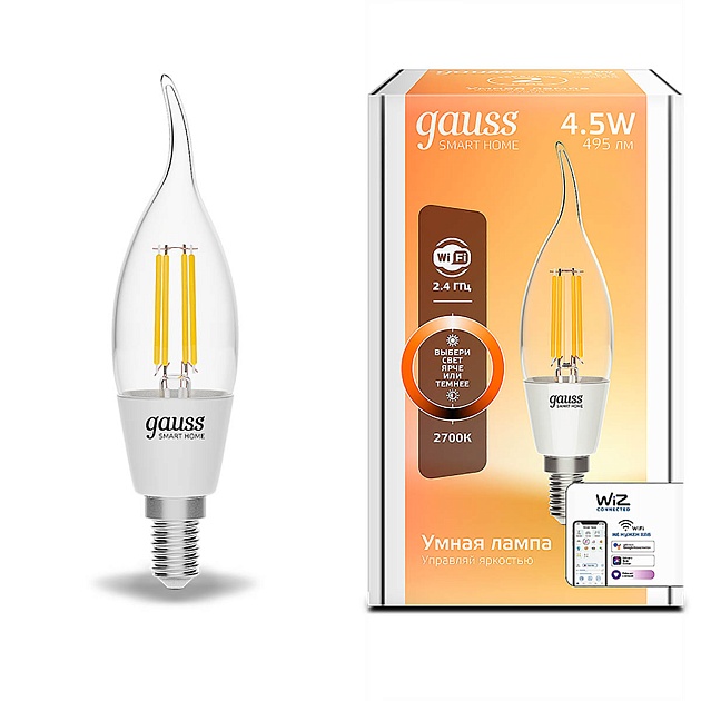 Лампа светодиодная диммируемая филаментная Gauss Smart Home Filament E14 4,5W 2700K прозрачная 1260112 фото 7