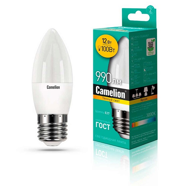 Лампа светодиодная Camelion E27 12W 3000K LED12-C35/830/E27 13688 фото 