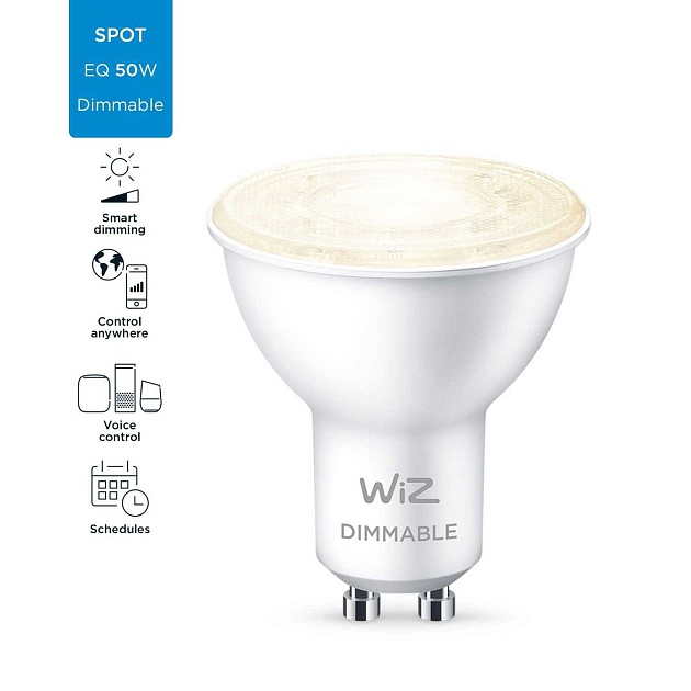 Лампа светодиодная диммируемая WiZ GU10 4,7W 2700K прозрачная Wi-Fi BLE 50W GU10 927 DIM 1PF/6 929002448102 фото 2