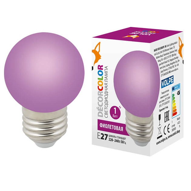 Лампа светодиодная Volpe E27 1W фиолетовая LED-G45-1W/PURPLE/E27/FR/С UL-00005652 фото 