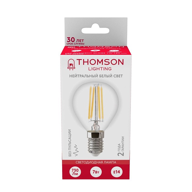 Лампа светодиодная филаментная Thomson E14 7W 4500K шар прозрачная TH-B2084 фото 2