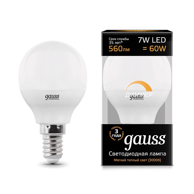 Лампа светодиодная диммируемая Gauss E14 7W 3000K матовая 105101107-D Фото № 1